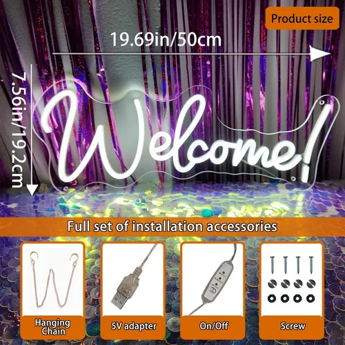 Vista 6 de Letrero de neón de bienvenida para decoración de pared, letreros LED, decoración de fiesta de Navidad, luces de neón para despedida de soltera