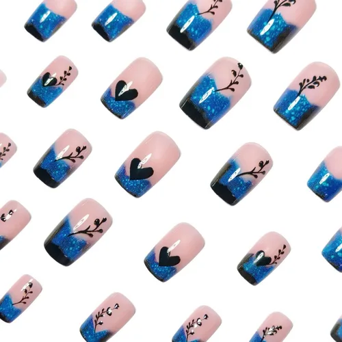 Vista 5 de Uñas postizas a presión con punta francesa degradada azul, uñas postizas cortas con forma cuadrada, diseño de corazón, diseño de amor, uñas postizas