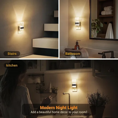 Vista 6 de JandCase Luces nocturnas enchufables a la pared, sensor de atardecer a amanecer, LED blanco suave de 3000 K, diseño acrílico, brillo ajustable de 0