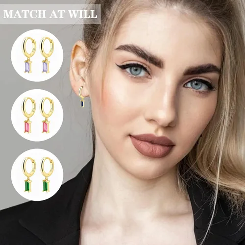 Vista 11 de Gold Huggie Hoop Earrings Crystal Green Drop Earrings