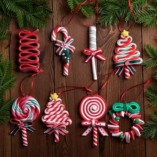 Vista 4 de codree 8 piezas Adornos colgantes de piruleta de Navidad - Adornos de caramelo para árbol de Navidad - Adorno de arcilla polimérica de caramelo