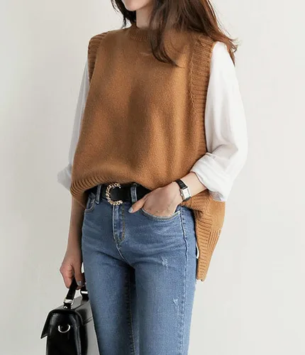 Vista 2 de PEIQI Suéter de punto para mujer, sin mangas, liso, casual, básico