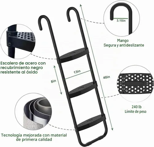 Vista 3 de Eurmax USA - Escalera universal para cama elástica fácil de montar de EE. UU. con 3 pasos, escalones horizontales y anchos, acero tratado con UV