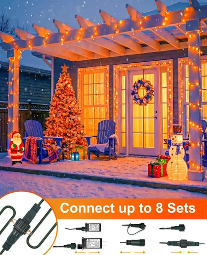 Vista 4 de 120 luces LED de Navidad de 40 pies para exteriores, guirnalda de luces de Navidad naranja impermeable, 8 modos de luces conectables para árbol