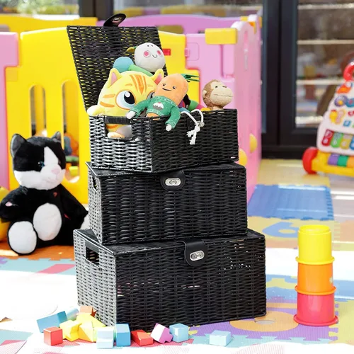 Vista 2 de Honygebia - Canastas de almacenamiento de mimbre negro - Juego de 3 cajas decorativas anidadas con tapas, canasta tejida con cerradura y asa