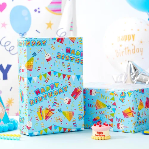 Vista 8 de PlandRichW Papel de regalo de cumpleaños, 4 divertidos diseños de fiesta, globos, arcoíris, cupcakes, confeti, plegado de 20 x 29 pulgadas, 12