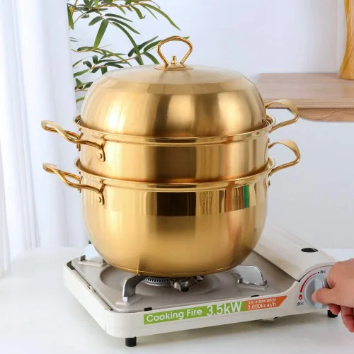 Vista 4 de Juego de vaporizador de acero inoxidable resistente de alta calidad, 3 niveles, incluye 2 ollas de cocina, 1 septa y tapa para cocinar al vapor