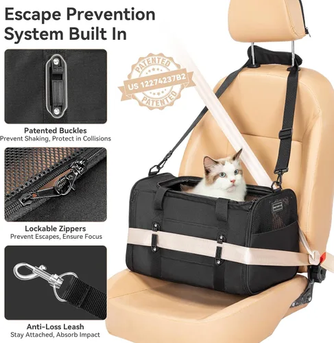 Vista 3 de PETSFIT Transportador de gatos de lados suaves con hebillas de seguridad patentadas, cremalleras bloqueables y correa de seguridad, transportador