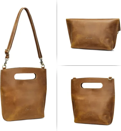 Vista 6 de S-ZONE Women Vintage Genuine Leather Crossbody Bag Distressed Foldable Clutch Top Handle Handbag Purse