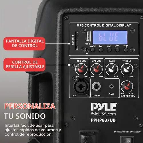 Vista 5 de Pyle (PPHP837UB) - Altavoz de sistema PA activo amplificado Bluetooth con micrófono, subwoofer de graves de 8 pulgadas, monitor de escenario