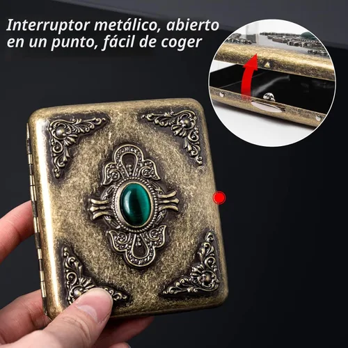 Vista 7 de Estuche vintage de metal Goshentech, metal chapado en cobre, capacidad de 18-20, ornamento de superficie imitación esmeralda, embalaje de caja