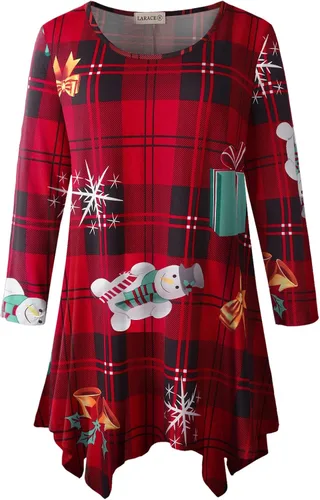 Vista 26 de LARACE - Camisa de talla extragrande para mujer, camisa tipo túnica con manga 3/4, ajuste holgado, ropa básica para mujer 2-negro_cuadros