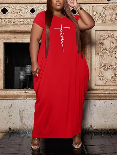 Vista 2 de Fooullaide Vestido casual de talla grande para mujer, de verano, manga corta, cuello en V, suelto, de gran tamaño, vestidos largos con bolsillo