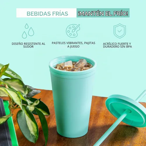 Vista 4 de Vasos con tapas (paquete de 12) vasos acrílicos de colores de 16 onzas con tapas y popotes, vasos a granel de plástico mate de doble pared