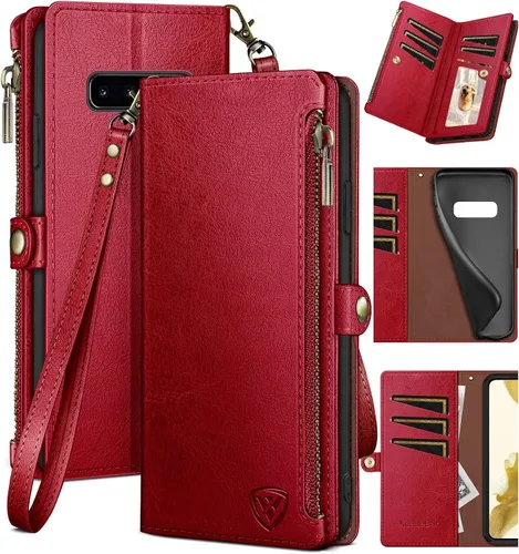 Vista 8 de XcaseBar Funda tipo cartera para Samsung Galaxy S10+/S10 Plus con cremallera y tarjetero de crédito con bloqueo RFID, funda de piel sintética