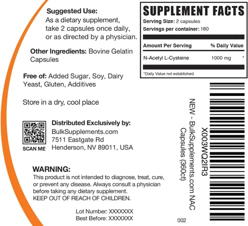Vista 6 de BulkSupplements.com N-Acetil L-Cisteína 1000mg Cápsulas - N-Acetil Cisteína 1000mg, Suplemento de NAC - NAC 1000mg, Sin Gluten - 2 Cápsulas por