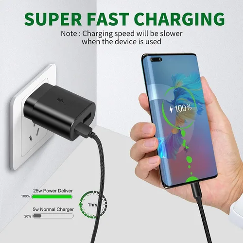 Vista 5 de Cargador tipo C, cargador de pared USB C de 25 W, carga rápida de doble puerto, compatible con Samsung Galaxy S22/S22 Plus/S20/S21 Ultra Plus, Note