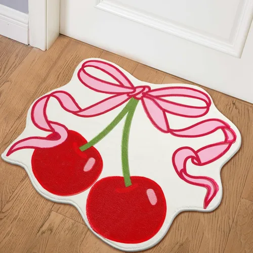 Vista 4 de Duraaamo Alfombra de baño con lazo de cereza de 23.6 x 21.3 pulgadas, bonito lazo rosa, decoración de baño, suave, antideslizante, absorbente