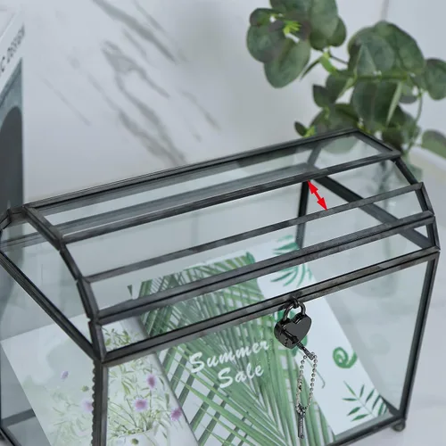 Vista 6 de HighFree Caja grande de cristal para tarjetas de boda de 12.2 pulgadas con ranura y cerradura, terrario geométrico de cobre hecho a mano, caja