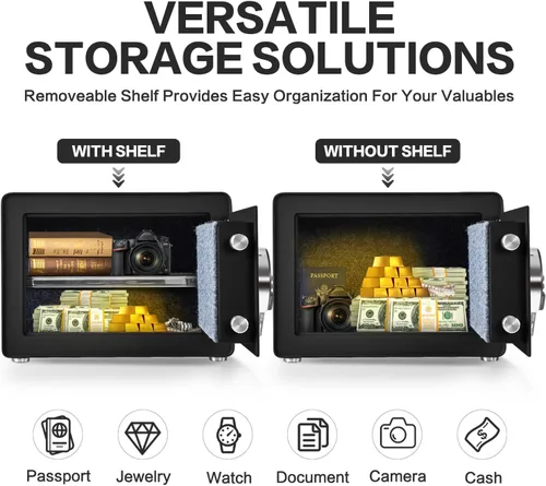 Vista 5 de Caja fuerte para el hogar, caja fuerte pequeña de 1.0 pies cúbicos con estante extraíble, sistema de alarma, caja de seguridad electrónica digital