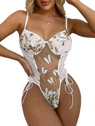 Vista 10 de Lilosy Teddy de Lencería Sexy para Mujer con Cordones y Bordado Floral, Body Top de Malla Transparente de Una Pieza Verde militar