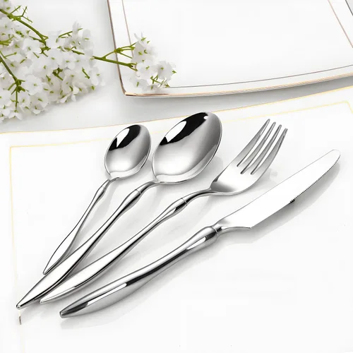 Vista 8 de Juego de cubiertos dorados de 16 piezas de acero inoxidable para 4, mango curvado único, elegante, ergonómico, cómodo, pulido de espejo, apto