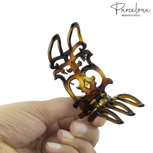Vista 4 de Parcelona Pequeña diapositiva francesa de celuloide intrincada en la pinza lateral del pelo del deslizador para el pelo fino