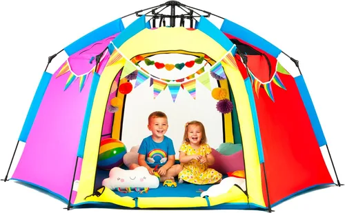 Vista 11 de Tienda de campaña hexagonal portátil para niños con tira de luces LED para interiores, casa de juegos para niños, tienda de campaña de ensueño