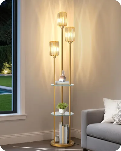 Vista 15 de Lámpara de pie con estantes, moderna lámpara de pie con 3 pantallas de lino e interruptor de pie, lámpara de pie de 3 luces, para sala de estar