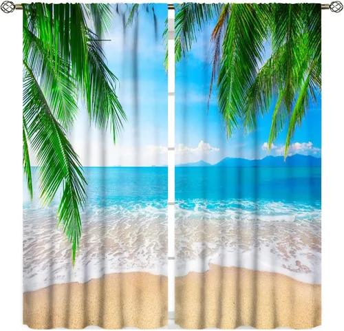Vista 10 de Cortinas opacas para dormitorio con temática de vacaciones en la playa, palmeras, estilo verano, con bolsillo para barra, para sala de estar