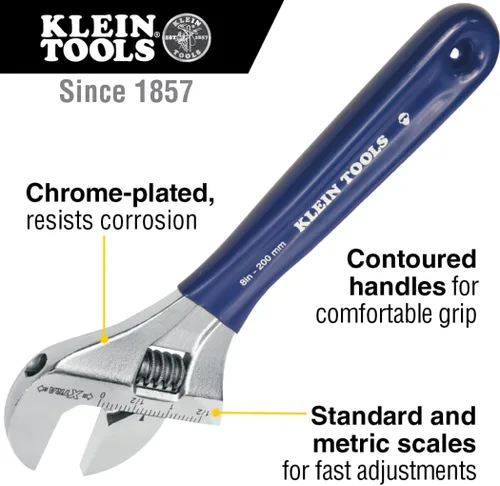 Vista 2 de Klein Tools D509-8 Llave ajustable, llave de transmisión forjada de mandíbula extra ancha con acabado cromado pulido, 8 pulgadas