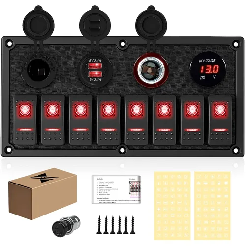 Vista 23 de Panel de interruptores de barco marino de 5 posiciones con cargador USB dual y voltímetro, panel de interruptores basculantes de aluminio