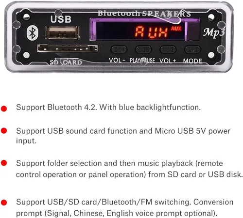 Vista 4 de MP3 WMA decodificador de audio Bluetooth 4.2 módulo 12 V, tarjeta SD USB receptor de audio inalámbrico FM para coche hogar altavoz amplificador