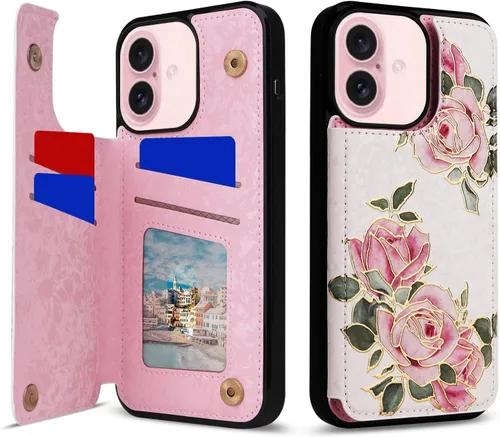 Vista 89 de UEEBAI Funda tipo cartera para iPhone 13 con tarjeteros, piel sintética, diseño floral, función atril, bloqueo RFID, doble cierre magnético, funda