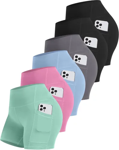 Vista 13 de CHRLEISURE - 6 paquetes de pantalones cortos de mujer estilo biker con bolsillo, pantalones cortos de elastano de control de abdomen de 5 pulgadas