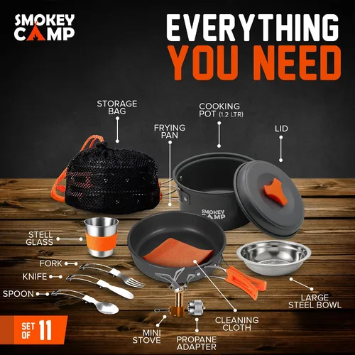 Vista 3 de Smokey Camp Camping Cookware Mess Kit Set with Stove - Backpacking Camping Pots and Pans Set, All in One Non-Stick Camping Cooking Set, Portable