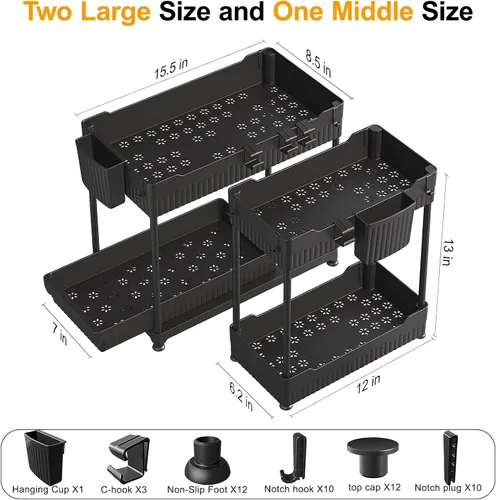 Vista 2 de Sevenblue Paquete de 3 organizadores para debajo del fregadero, organizadores multiusos de cocina y baño de 2 niveles y almacenamiento con cajones