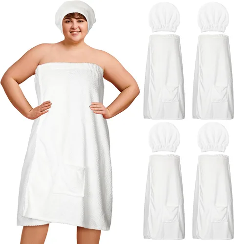 Vista 8 de Kinlop Juego de 4 toallas M para mujer, bata de spa con cierre ajustable, parte superior elástica y gorra para ducha de baño (negro)