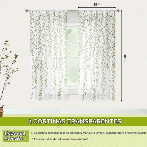 Vista 6 de BROSHAN - Cortinas transparentes con estampado verde, color blanco, 2