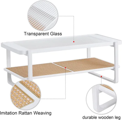 Vista 6 de Mesa de centro moderna minimalista blanca de doble capa de madera maciza. Mesa de cristal, mesa con borde de ratán de imitación. Mesa rectangular