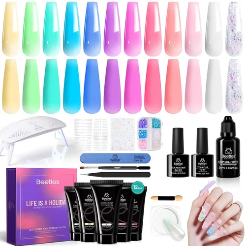 Vista 12 de Beetles - Kit de extensión de gel de uñas de polietileno, 6 colores de gelatina nude con solución deslizante, mejora de uñas para principiantes