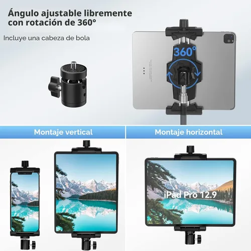 Vista 3 de KDD Adaptador de trípode para iPad y teléfono con cabeza esférica, soporte para iPad para trípode, soporte giratorio de 360 grados para tableta