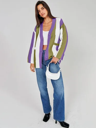 Vista 9 de ANRABESS Cárdigan de punto trenzado para mujer, manga larga, frente abierto, bloque de color, estilo bohemio, a rayas, abrigos para exteriores