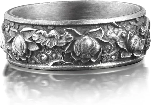 Vista 2 de BySilverStone Jewelry Anillo de plata de ley con flor de loto japonesa Kanji ornamental para hombre, joyería japonesa de plata esterlina, flor