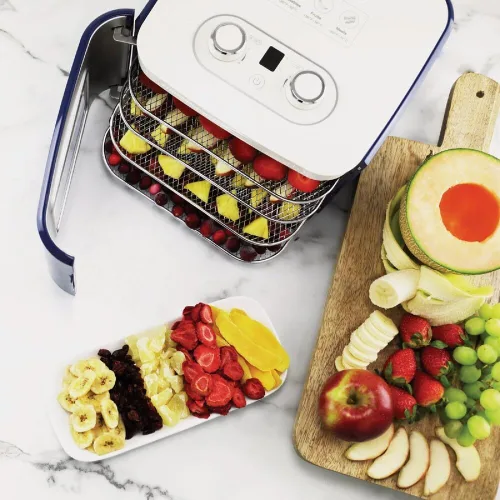 Vista 3 de NESCO Deshidratador de alimentos FD‑41B Snackmaster para aperitivos caseros fáciles, deshidratador de encimera azul simple con 4 bandejas