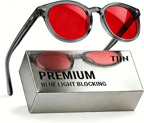 Vista 28 de TIJN Blue Light Blocking Glasses Men Women,Vintage Round Frame Eyeglasses Flexible Lightweight Frames,Red Orange Clear Lens for Computer Gaming