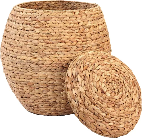 Vista 4 de Water Hyacinth - Tina de almacenamiento de barril multiusos natural con tapa, cesta para organizar, taburete otomano