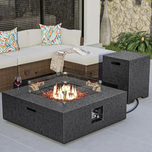 Vista 22 de COSIEST mesa de fogata a propano para exteriores de 35 pulgadas cuadrada de arenisca con protector contra el viento y mesa lateral, certificada