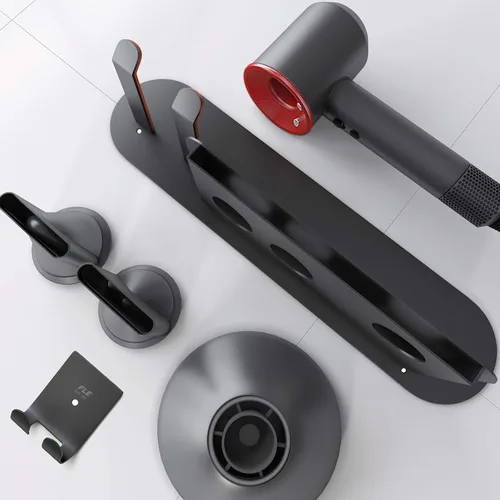 Vista 4 de FLE Soporte para secador de pelo montado en la pared con estante, soporte para secador de pelo, organizador compatible con secador de pelo Negro