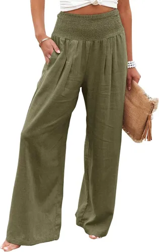 Vista 2 de Pantalones de lino de primavera para mujer, pantalones casuales palazzo, cintura alta, bohemios, piernas anchas, holgados, con bolsillo